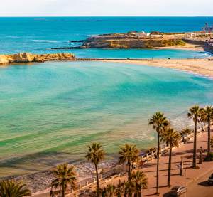 Panoramablick auf eine Küstenpromenade mit Palmen und einem goldenen Sandstrand in Tunesien, eingerahmt vom türkisblauen Mittelmeer und historischer Architektur im Hintergrund.