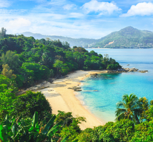 Bucht mit Sandstrand, tropischer Vegetation und t&uuml;rkisfarbenem Wasser auf der Insel Phuket in Thailand, mit bewaldeten H&uuml;geln im Hintergrund.