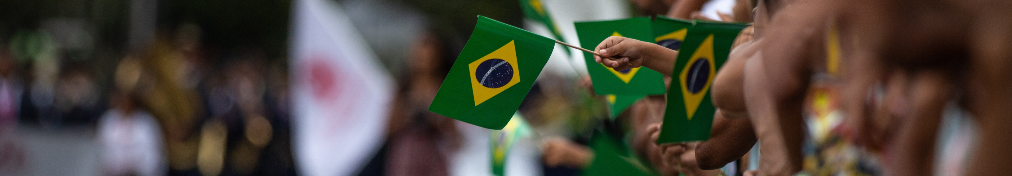 Menschen halten die Flaggen von Brasiilien in einer Stra&szlig;e