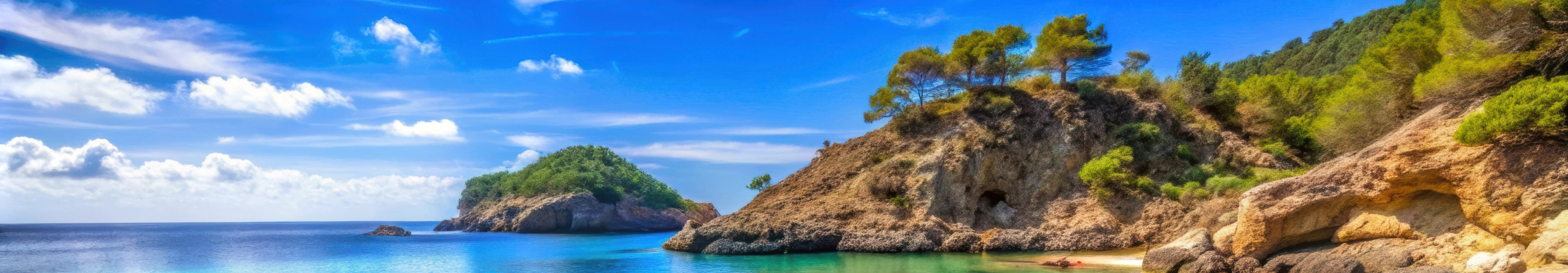 Kristallklares t&uuml;rkisblaues Wasser in einer idyllischen Bucht auf Ibiza, umgeben von Felsen, Pinien und einem kleinen Sandstrand.
