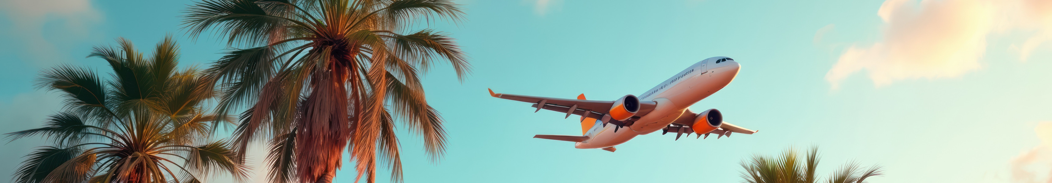 Ein Flugzeug fliegt bei Sonnenuntergang &uuml;ber Palmen hinweg, vor einem Himmel mit zarten Wolken und warmem Licht.