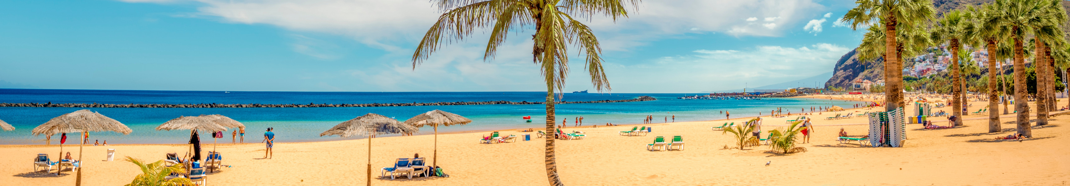 Panoramablick auf den goldgelben Sandstrand Playa de Las Teresitas auf Teneriffa, Spanien, mit Palmen, Sonnenschirmen, Liegestühlen, türkisblauem Meer und Bergen im Hintergrund.