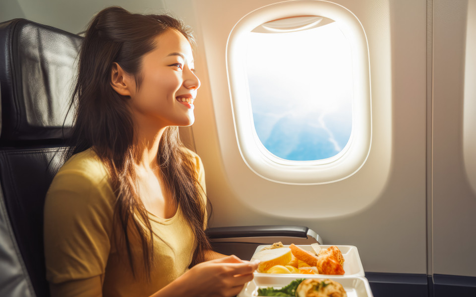 Eine Frau sitzt entspannt im Flugzeug, genießt ihre Mahlzeit und schaut lächelnd aus dem Fenster, während die Sonne hell hereinscheint.