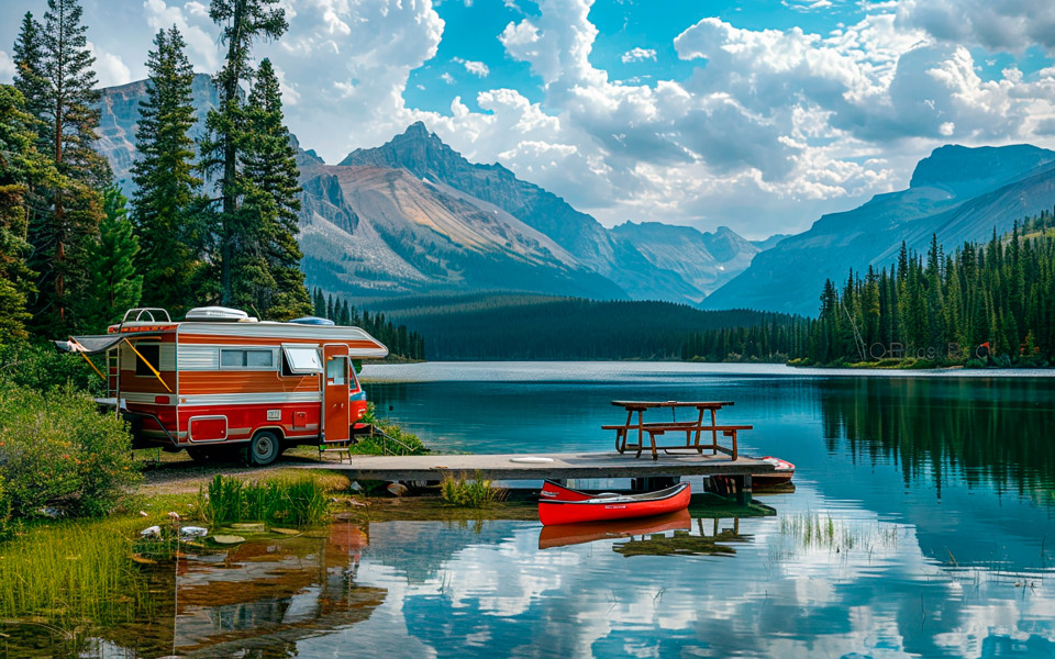 Ein roter Wohnmobil steht an einem Steg an einem See in Kanada